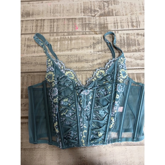 Victoria's Secret Dream Angels Corset Bustier Teal Lace Floral Boning Cups B80 M - Picture 2 of 6